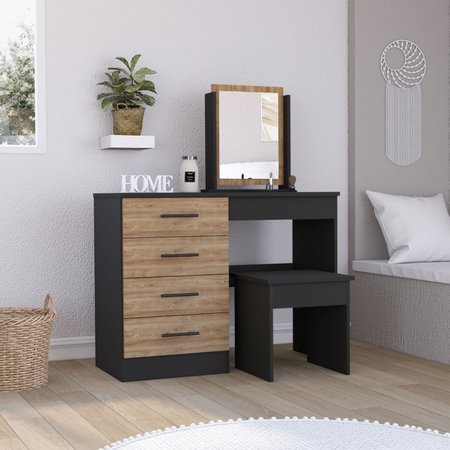 Tuhome Kaia Makeup Dressing Table, Four Drawers, One Mirror, Stool, Black/Pine TWM7908